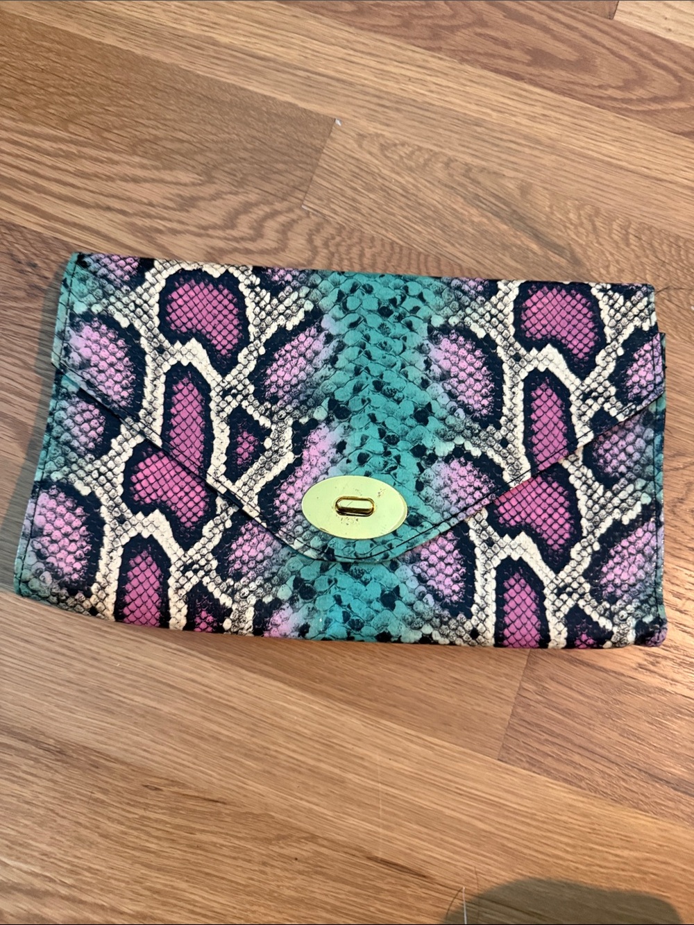 H&M Teal Pink Snake-Print Clutch with Gold Turnlock